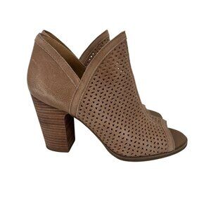 Lucky Brand Perforated Leather Bootie Size 8 Tan Suede Block Heel Peep Toe Boot